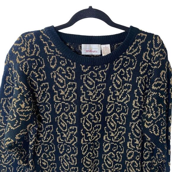VTG Worthington Black/Gold Floral Print Crewneck Sweater Sz M - Picture 2 of 9
